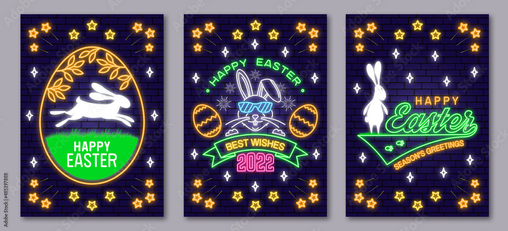 Happy Easter neon sign. Vector illustration. Neon design for Easter celebration emblem. Night neon signboard Typography design with rabbit and hand eggs. Modern minimal style.