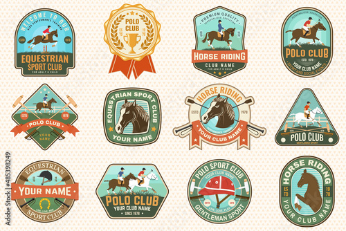 Polo sport club and horse riding patches, emblems, logos. Vector illustration. Color equestrian label, sticker with rider and horse silhouettes. Polo club competition riding sport.