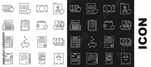 Set line Certificate template, Stacks paper money cash, Medical clipboard with clinical record, Clipboard checklist, Fax machine, Money shield and Wallet and icon. Vector