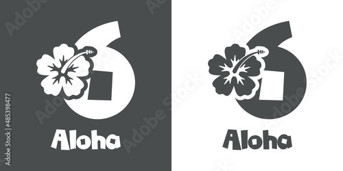 Logotipo texto Aloha con número 6 en tipografía tiki con silueta de flor de hibisco en fondo gris y fondo blanco