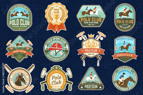 Polo sport club and horse riding patches, emblems, logos. Vector illustration. Color equestrian label, sticker with rider and horse silhouettes. Polo club competition riding sport.