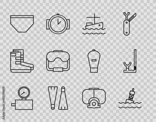 Set line Gauge scale, Floating buoy on the sea, Fishing boat water, Rubber flippers for swimming, Swimming trunks, Diving mask, and Snorkel icon. Vector