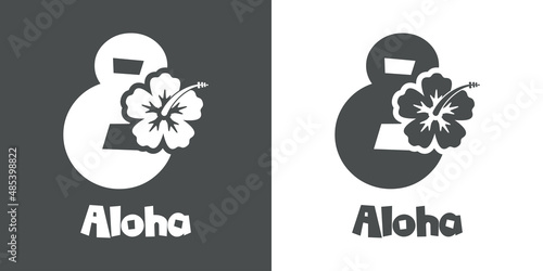 Logotipo texto Aloha con número 8 en tipografía tiki con silueta de flor de hibisco en fondo gris y fondo blanco
