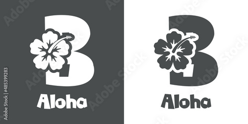Logotipo texto Aloha con letra B en tipografía tiki con silueta de flor de hibisco en fondo gris y fondo blanco	