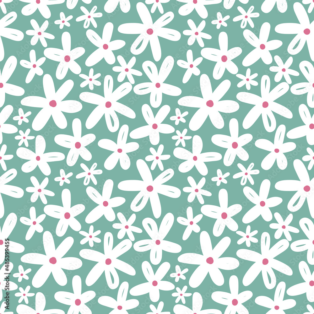 Cute daisy flowers seamless pattern on muted blue background. Vector illustration in spring colors Cute daisy flowers seamless pattern on muted blue background. Vector illustration in spring colors