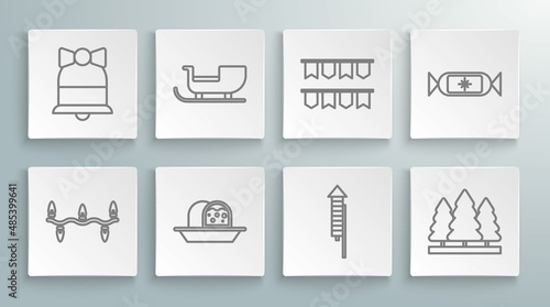 Set line Christmas lights, santa claus sleigh, Marzipan sponge cake, Firework rocket, trees, Carnival garland with flags, Candy and Merry ringing bell icon. Vector