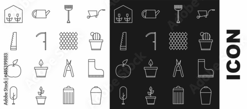 Set line Bucket, Waterproof rubber boot, Cactus and succulent in pot, Garden rake, Scythe, saw, Home greenhouse plants and fence wooden icon. Vector