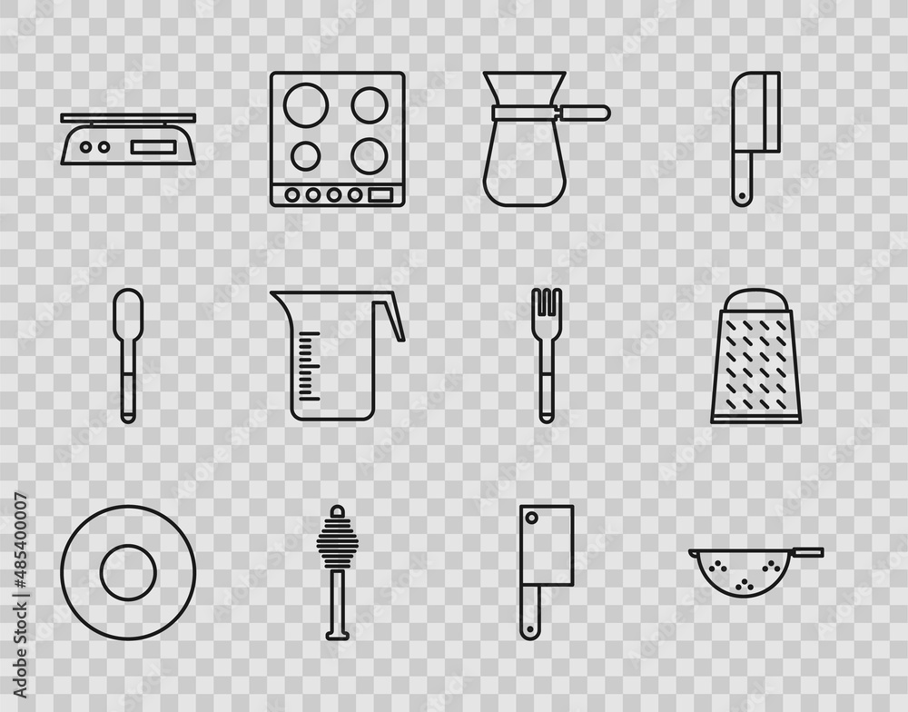 Set line Plate, Kitchen colander, Coffee turk, Honey dipper stick, Electronic scales, Measuring cup, Meat chopper and Grater icon. Vector Set line Plate, Kitchen colander, Coffee turk, Honey dipper stick, Electronic scales, Measuring cup, Meat chopper and Grater icon. Vector