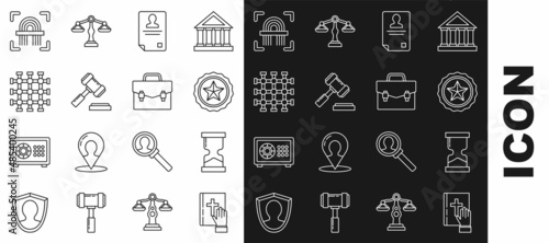 Set line Oath on the Holy Bible, Old hourglass, Police badge, Identification, Judge gavel, Prison window, Fingerprint and Briefcase icon. Vector