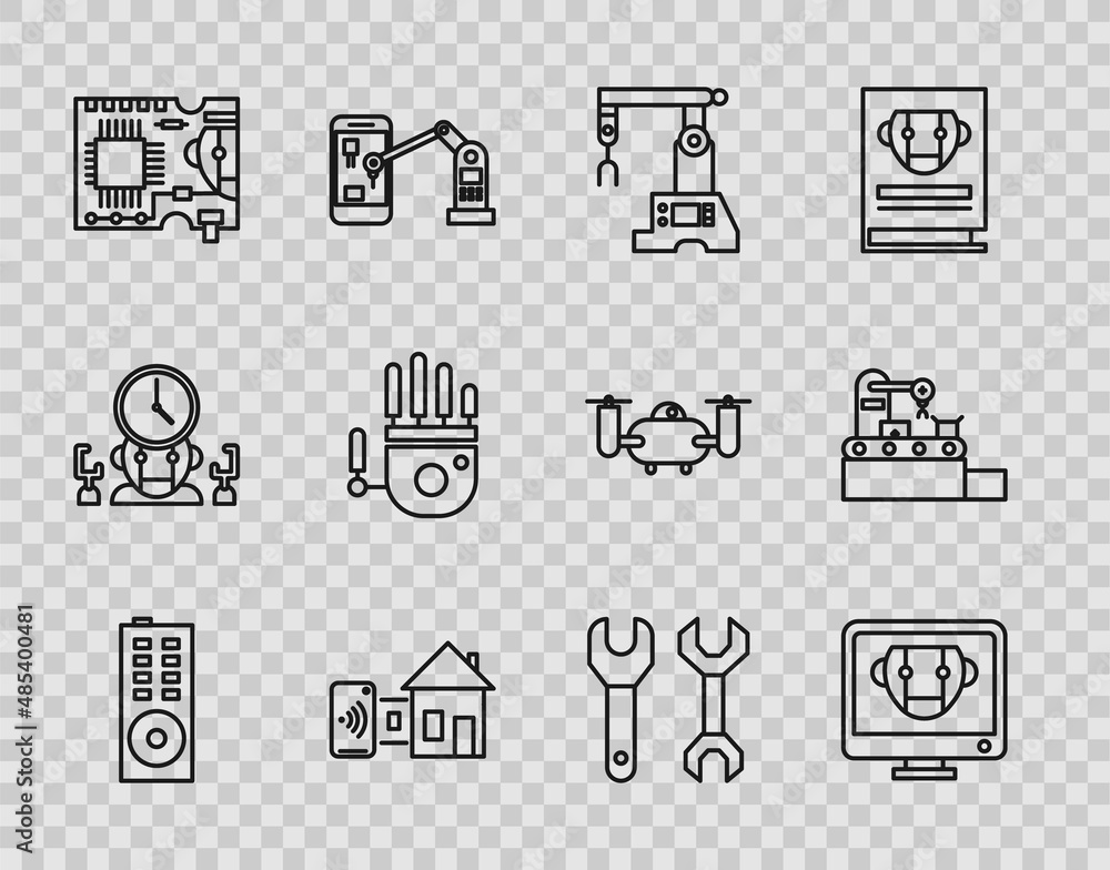 Set line Remote control, Bot, Assembly line, Smart home, Printed circuit board PCB, Mechanical robot hand, Spanner and Factory conveyor system belt icon. Vector Set line Remote control, Bot, Assembly line, Smart home, Printed circuit board PCB, Mechanical robot hand, Spanner and Factory conveyor system belt icon. Vector