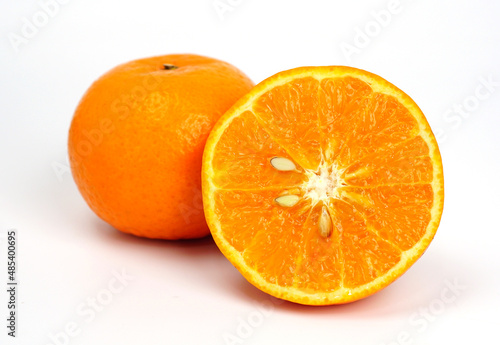 Ripe orange fruit. Orange full macro shoot fruit healthy food ingredient. Organic fresh orange isolated on white. 