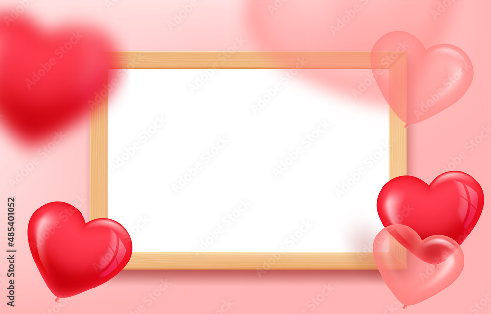 Empty wood frame on the table with air balloons. 3d landscape orintation vector mockup for design