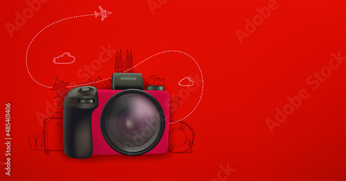 Concept with digital camera and famouse sights. 3d vector banner with copy space