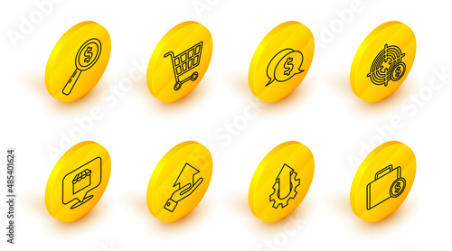 Set line Briefcase and money, Arrow growth gear business, Money hand, Online shopping concept, Target with dollar symbol, Speech bubble, Shopping cart and Magnifying glass icon. Vector