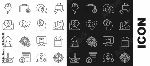 Set line Target with dollar, Financial growth and coin, Speech bubble, Telephone handset speech chat, Envelope, Lead management and Business planning mind icon. Vector