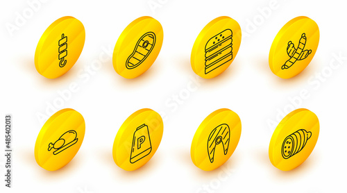 Set line Salami sausage, Fish steak, Pepper, Roasted turkey or chicken, Crossed, Burger, Steak meat and Grilled shish kebab on skewer stick icon. Vector