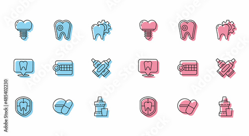 Set line Dental protection, Medicine pill or tablet, implant, Mouthwash plastic bottle, Dentures model, Crossed tube of toothpaste, clinic location and Tooth with caries icon. Vector