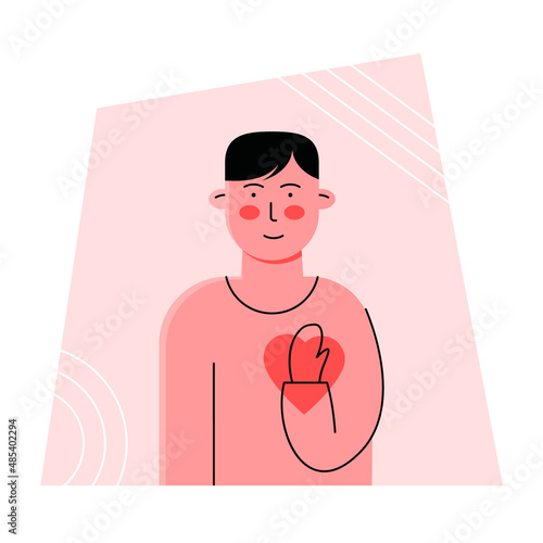 Well-being, self-love, self care and compassion concept, person in touch with his heart and emotions. Cute boy character experiencing inner peace, love, emotional well being and positive feelings.