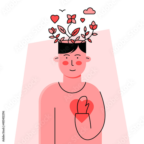 Self love, mental health, positive thinking and growth concept with young man being in touch with his heart and emotions, mind and thoughts. Flowers growing out of his head as healthy mindset symbol.