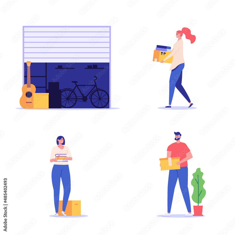 People keeping personal items and boxes in rental self-storage units. Characters set. Collection of self storage unit, small mini warehouse, rental garage. Vector illustration in flat design People keeping personal items and boxes in rental self-storage units. Characters set. Collection of self storage unit, small mini warehouse, rental garage. Vector illustration in flat design