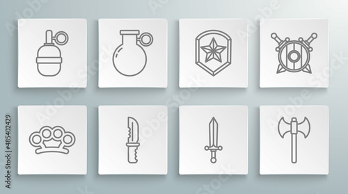 Set line Brass knuckles, Hand grenade, Military knife, Medieval sword, axe, Police badge, Wooden shield with crossed swords and icon. Vector