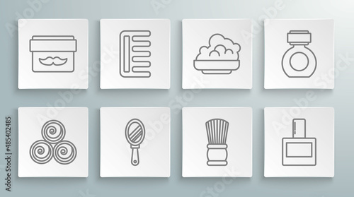 Set line Towel rolls, Hairbrush, Hand mirror, Shaving, Aftershave, gel foam, and Cream lotion cosmetic jar icon. Vector