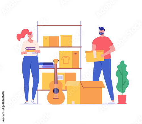Family keeping personal items in rental self-storage unit. Man and woman holding boxes. Concept of self storage unit, small mini warehouse, rental garage. Vector illustration in flat design