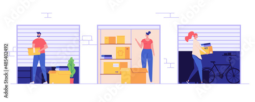 Neighbors keeping personal items in rental self-storage units. Man and women holding boxes. Concept of self storage unit, small mini warehouse, rental garage. Vector illustration in flat design
