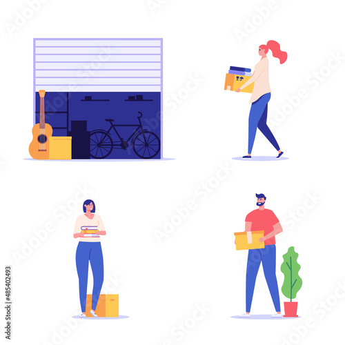 People keeping personal items and boxes in rental self-storage units. Characters set. Collection of self storage unit, small mini warehouse, rental garage. Vector illustration in flat design