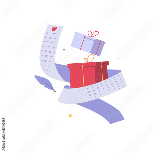 Concept of writing wish list. Planning to buy presents with wishlist. Concept of wishlist, dreaming about gift, making wish. Vector illustration in cartoon design