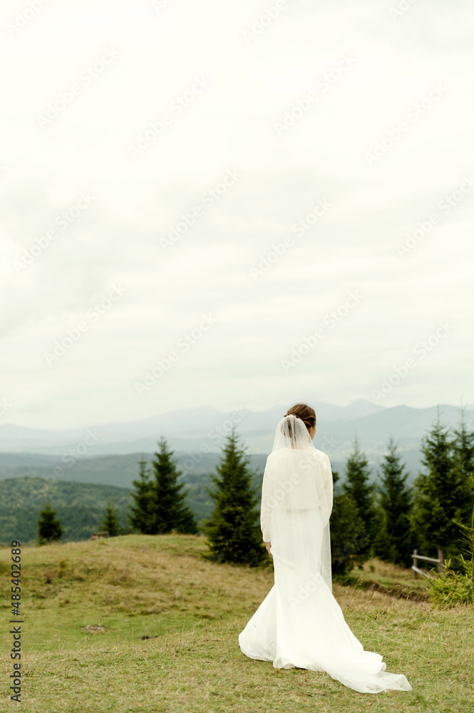 Bride portrait. A young girl in a white wedding dress and with a bouquet of flowers and greenery in her hands against the backdrop of mountains and forests at sunset Bride portrait. A young girl in a white wedding dress and with a bouquet of flowers and greenery in her hands against the backdrop of mountains and forests at sunset