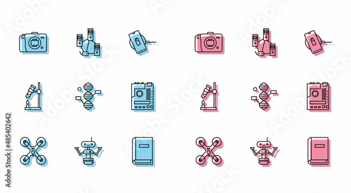 Set line Drone flying, Robot, Mirrorless camera, User manual, DNA symbol, Motherboard, Test tube flask fire and Computer network icon. Vector