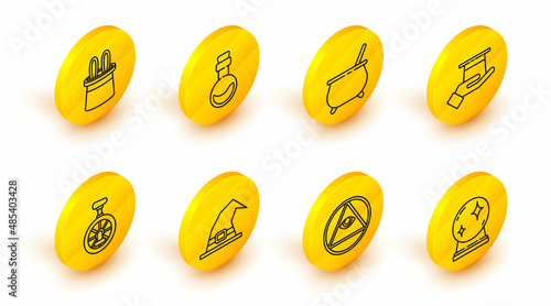 Set line Magic ball, Masons, Witch hat, Unicycle or one wheel bicycle, Magician in hand, cauldron, Bottle with love potion and rabbit ears icon. Vector