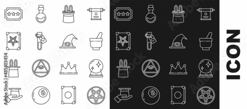 Set line Pentagram in a circle, Magic ball, mortar and pestle, Magician hat rabbit ears, Bottle with love potion, Ancient magic book, Ticket and Witch icon. Vector