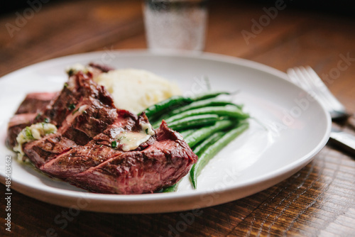 8oz Prime Bavette with green beans and mashed potatoes
