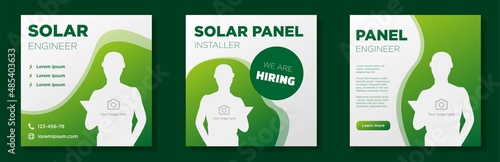 Hiring solar mechanic social media post, square banner set, modern panel installer advertisement concept, job employee green energy marketing ad, abstract print, isolated on background