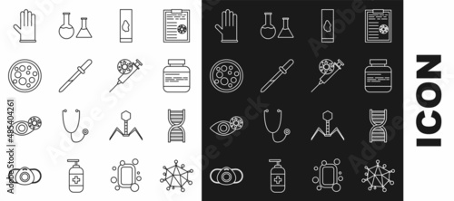 Set line Virus, DNA symbol, Medicine bottle and pills, Blood test virus, Pipette, Medical rubber gloves and Syringe icon. Vector