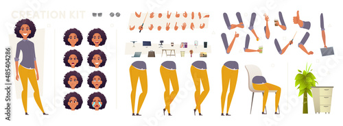 Constructor of an African American woman with different parts of the body: head, legs. Emotions, office furniture