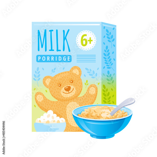 Baby cereal food box, bowl and spoon vector illustration. Carton porridge breakfast package icon. Oatmeal clipart pack with cute cartoon bear. Healthy corn flake packaging. Flat cereal food box design