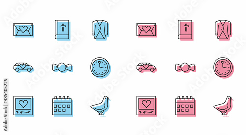 Set line Photo frames and hearts, Calendar, Envelope with Valentine, Dove, Bow tie, Clock, Limousine car and Holy bible book icon. Vector