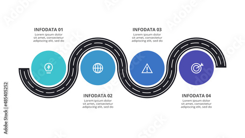 Road concept for infographic with 4 steps, options, parts or processes. Business data visualization.