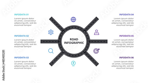 Road concept for infographic with 6 steps, options, parts or processes. Business data visualization.