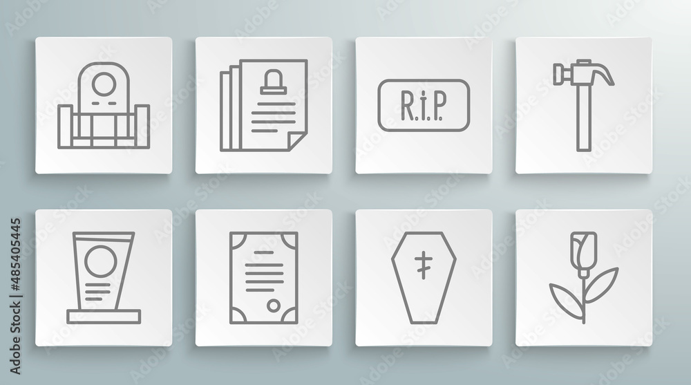 Set line Grave with tombstone, Death certificate, Coffin cross, Flower rose, Speech bubble rip death, Hammer and icon. Vector Set line Grave with tombstone, Death certificate, Coffin cross, Flower rose, Speech bubble rip death, Hammer and icon. Vector