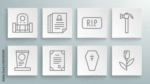 Set line Grave with tombstone, Death certificate, Coffin cross, Flower rose, Speech bubble rip death, Hammer and icon. Vector