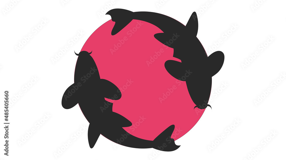 Obraz premium Black silhouette of fish swimming in a red circle