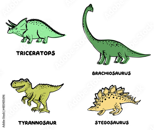 Doodle dino brachiosaurus  triceratops  stegosaurus  tyrannosaur. Cute dinosaur doodle card. Funny Dino collection. Textile design for baby boy on white background. Cartoon monster vector illustration