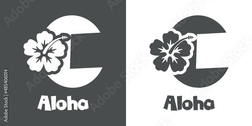 Logotipo texto Aloha con letra C en tipografía tiki con silueta de flor de hibisco en fondo gris y fondo blanco	