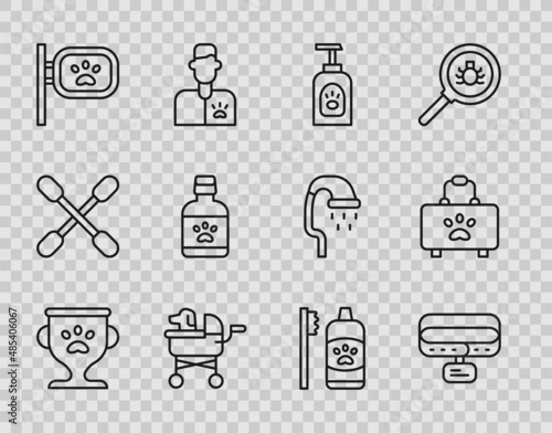 Set line Pet award, Collar with name tag, shampoo, stroller, grooming, Dog medicine bottle, Dental hygiene for pets and first aid kit icon. Vector