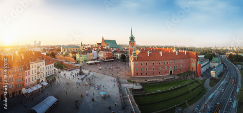 Panoramic aerial view of Castle Square Warsaw Royal Castle at sunset - Warsaw, Poland