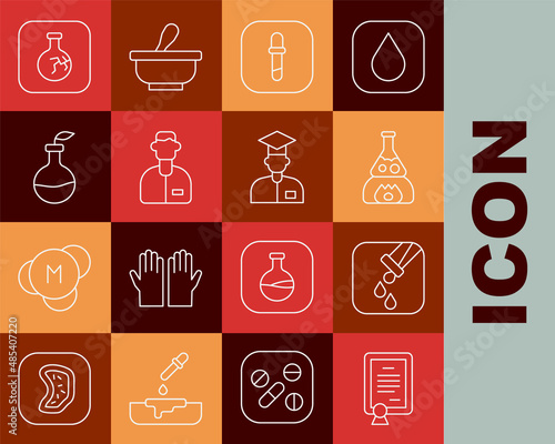 Set line Certificate template, Test tube and flask, on fire, Pipette, Laboratory assistant, Plant breeding, Cracked and icon. Vector